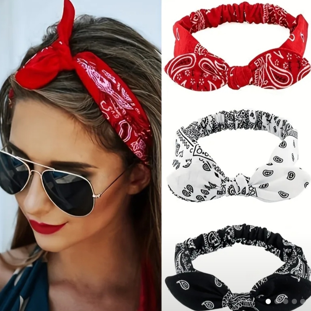 3 Stylish And Comfortable Red, Black, and White Bandana Headbands With Bows